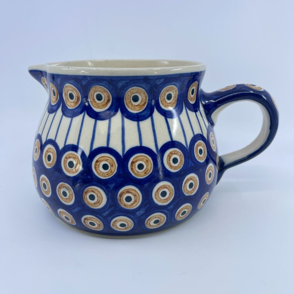 vintage   boleslawiec polish pottery squat pitcher "peacock eye" pattern